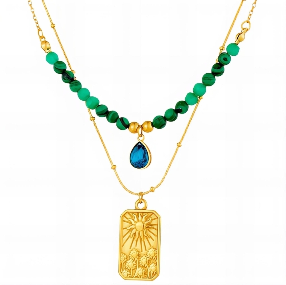 Gold and Green Layered Necklace 18k Gold Plated Waterproof